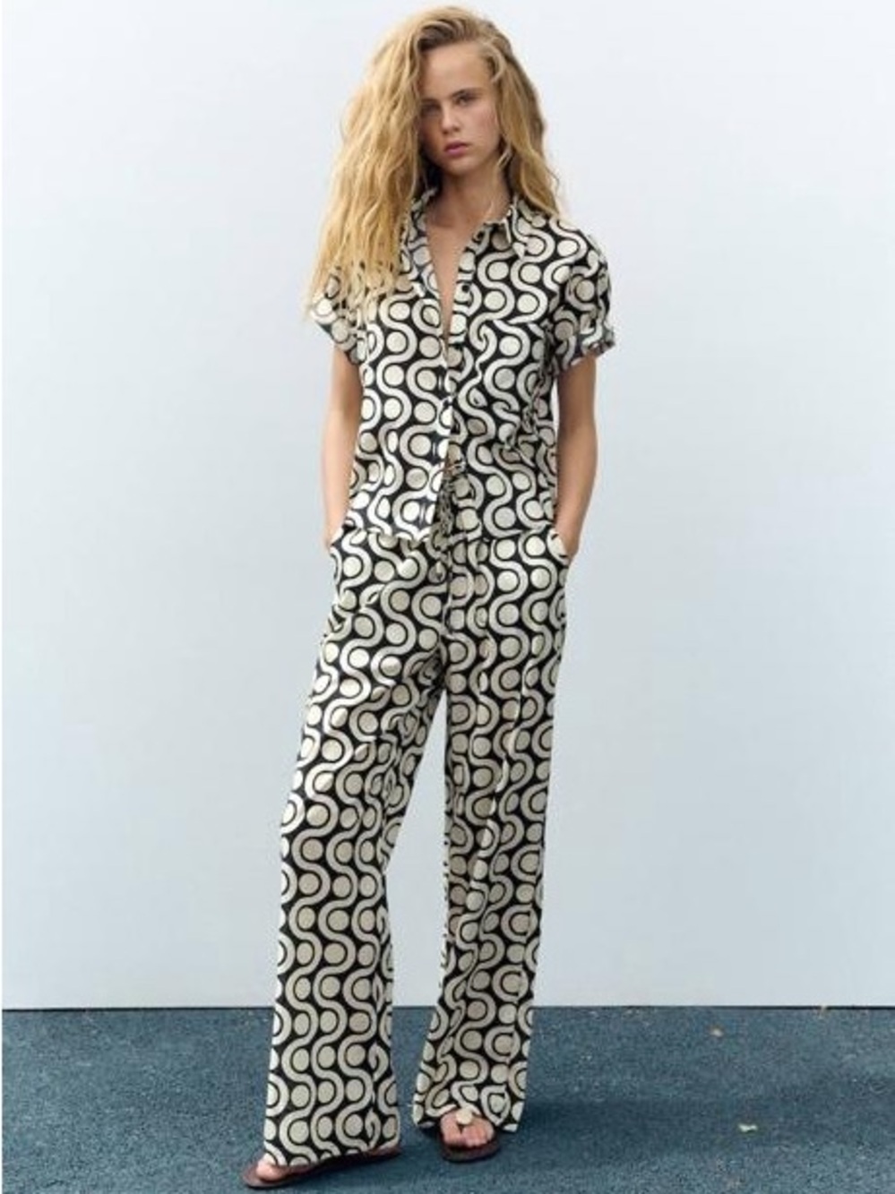 Women's Black & Cream circle pattern shirt and pants matching set